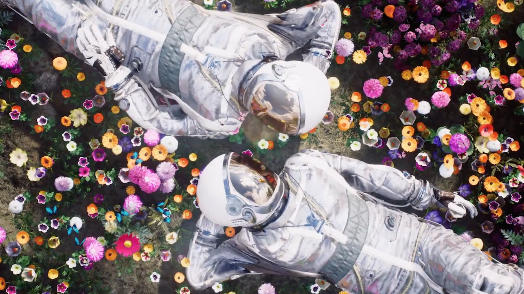 two astronauts laying on flower bed